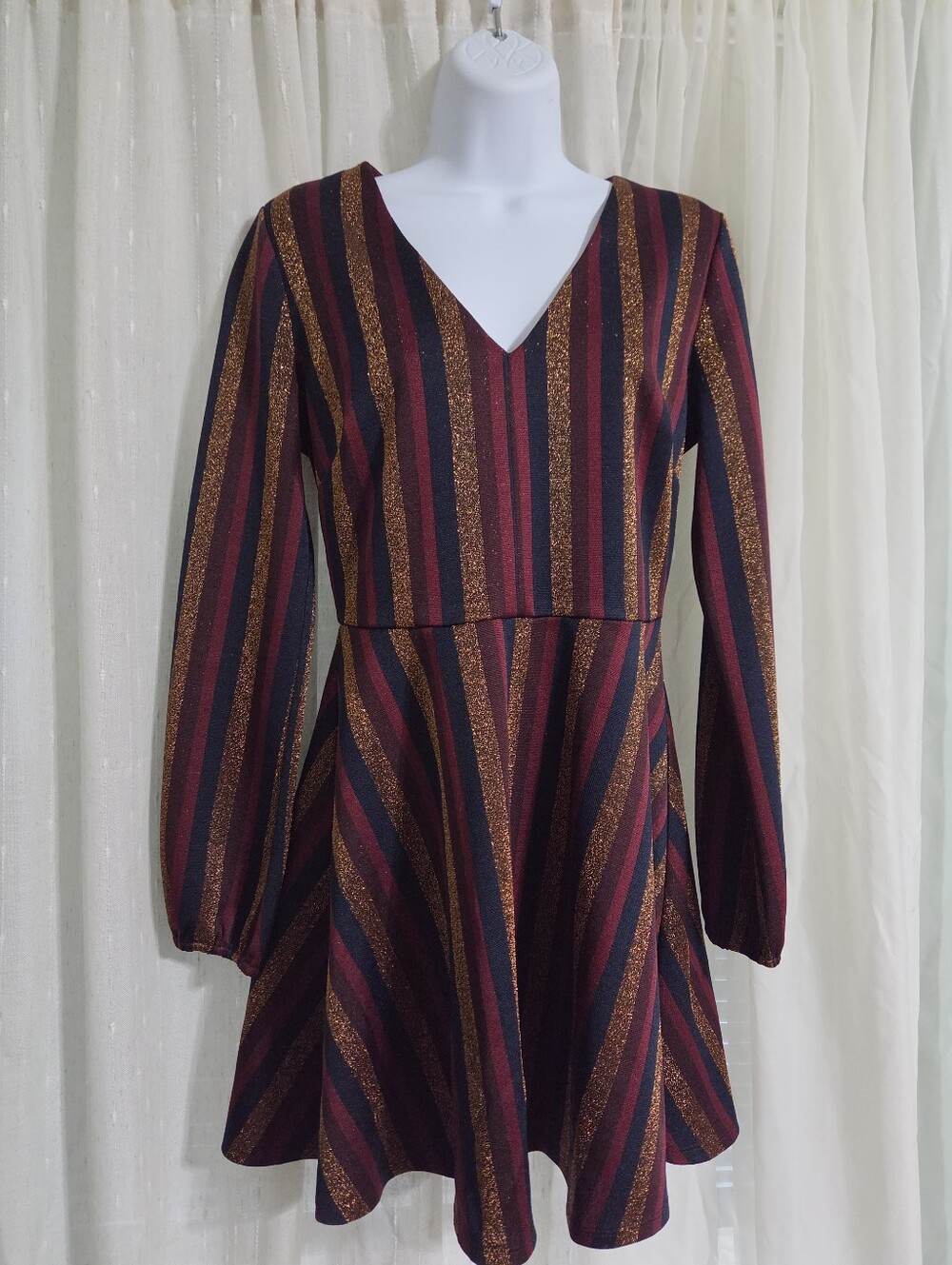 Midnight Doll Metallic Stripe Fit & Flare Mini Dress - Burgundy, Navy & Gold